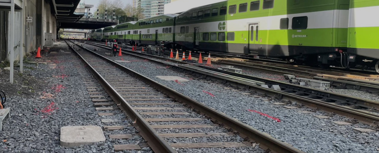 Image of Go Train and Railroad tracks in a stationary position at Union Station