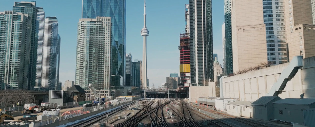 CN Tower from the tracks in colour during the day