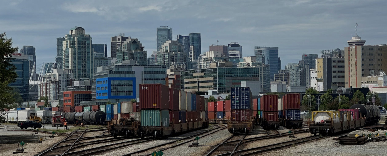 Image of shipping containers on the tracks in the TTR West location in BC